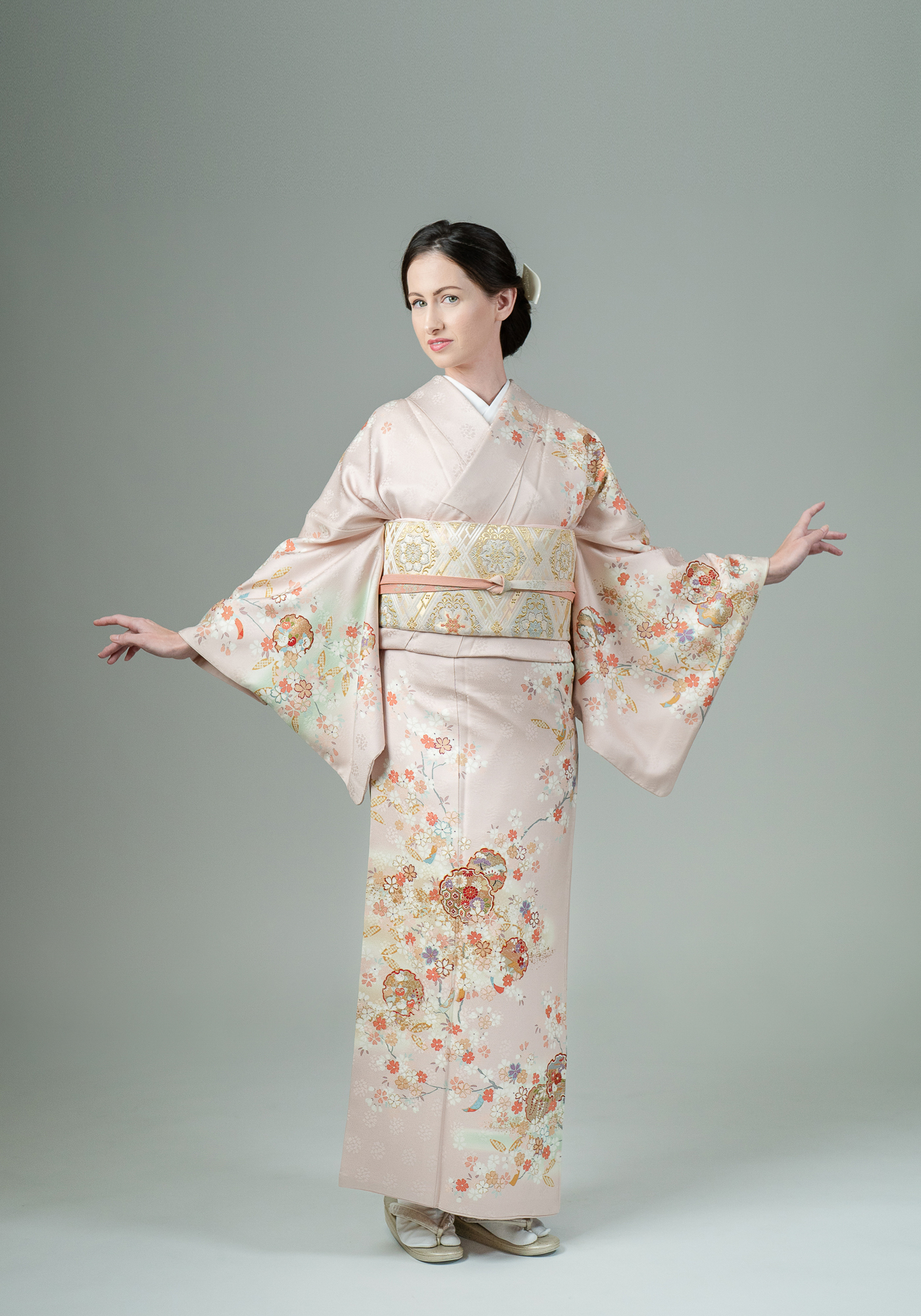 高級訪問着レンタル】h-63 ピンク・桜と雪輪 MLサイズ 桜・雪輪