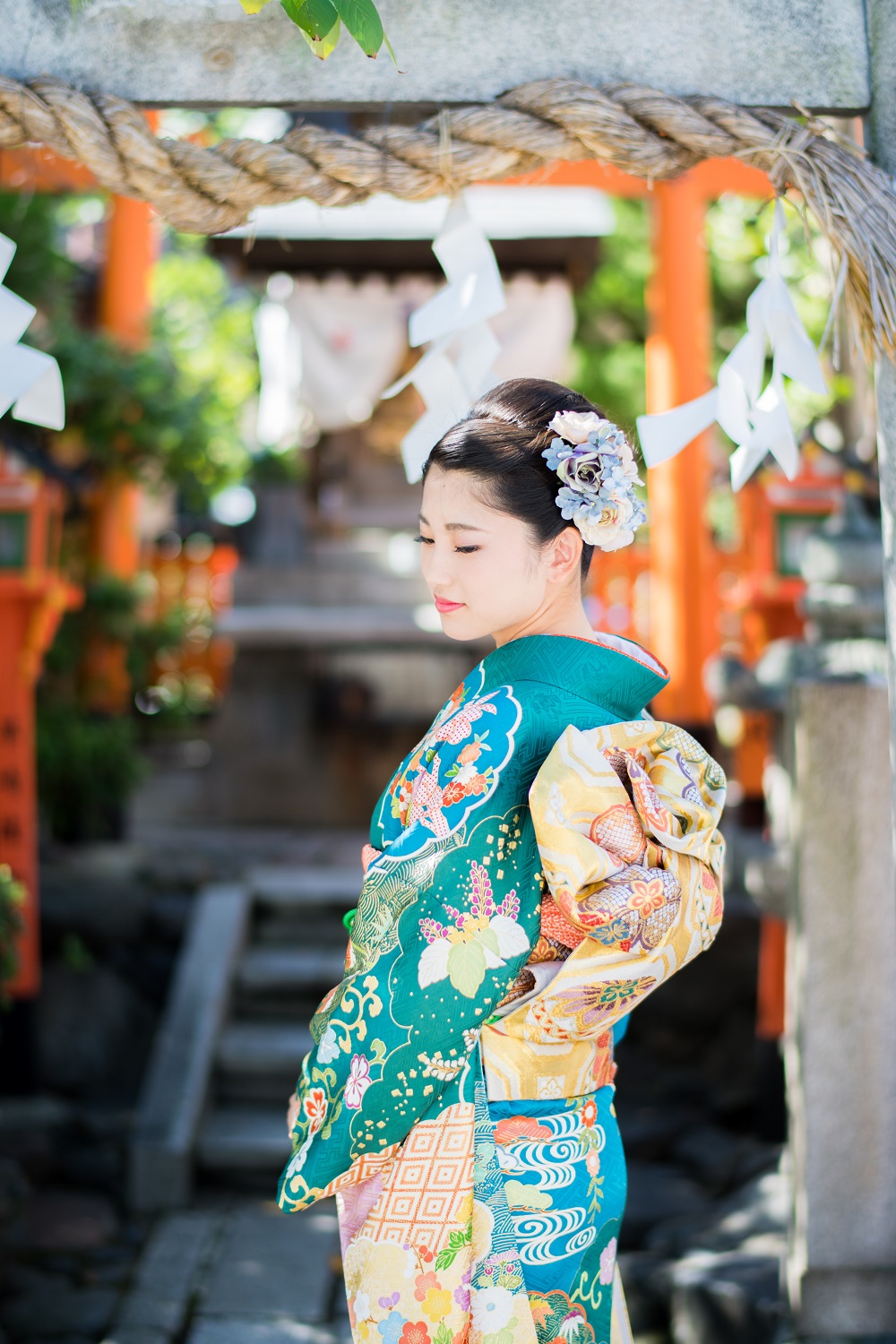 高級振袖レンタル・吉澤織物】御所車などの古典柄 MLサイズ 緑・品番K