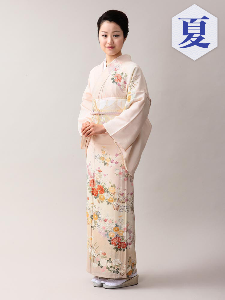 高級訪問着レンタル】n-11 盛夏 ピンクベージュ MLサイズ 花々｜KIMONO