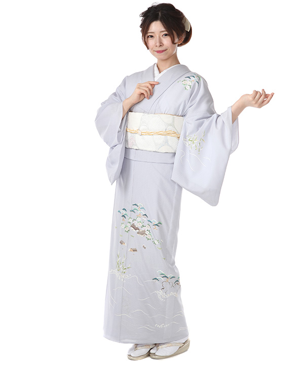 夏用・7・8月向け】付下(絽)｜薄鳩羽色に松や菊｜H0250｜L｜宅配着物