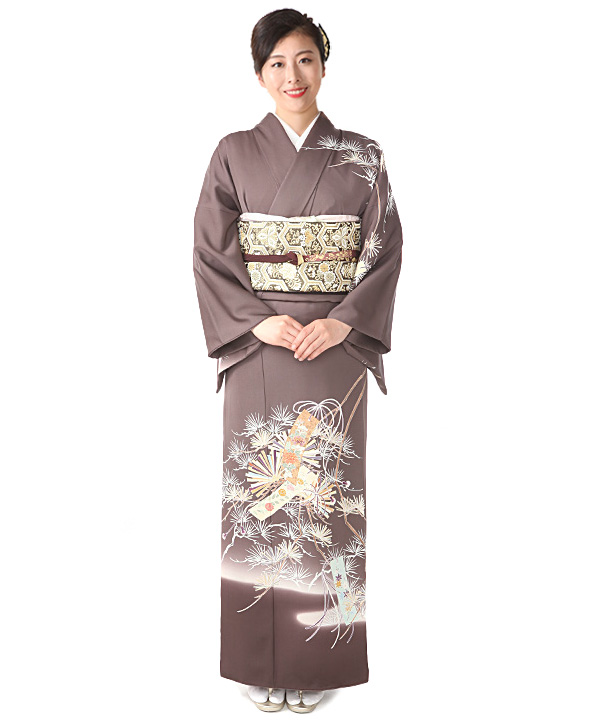 訪問着レンタル｜煤竹色に松と短冊｜H0337｜L｜宅配着物レンタル