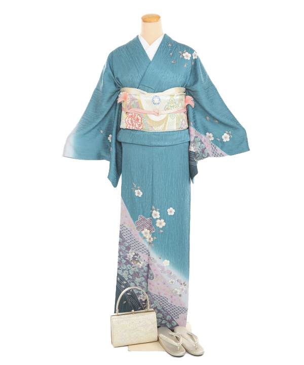 訪問着レンタル｜花浅葱色に桜流し｜H0357｜LL｜宅配着物レンタル
