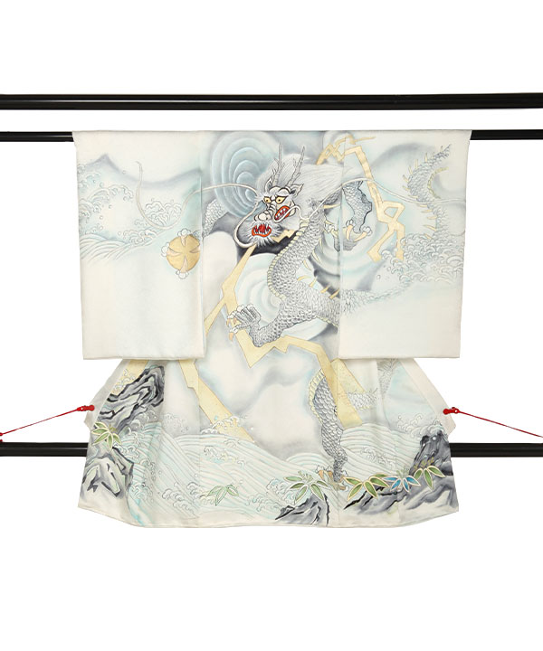 お宮参り産着レンタル 男の子｜【手描き友禅】白に龍 稲妻｜U0224