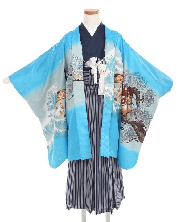 七五三(五歳男の子)着物レンタル｜兜柄水色羽織 紺着物×紺縞袴｜W-B-5