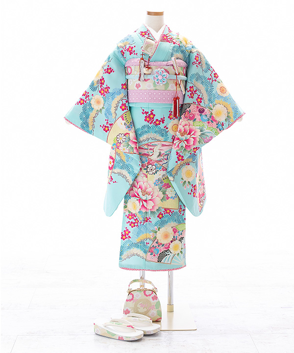 七五三(七歳女の子)着物レンタル｜【乙葉】水色に扇と松梅柄着物