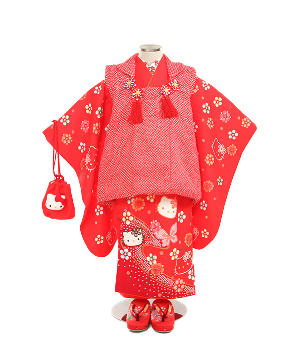 七五三(三歳女の子)着物レンタル｜キティちゃん柄赤色着物×疋田赤被布