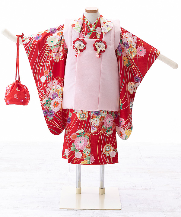 七五三(三歳女の子)着物レンタル｜赤着物×ピンク被布｜W-G-3-51｜宅配