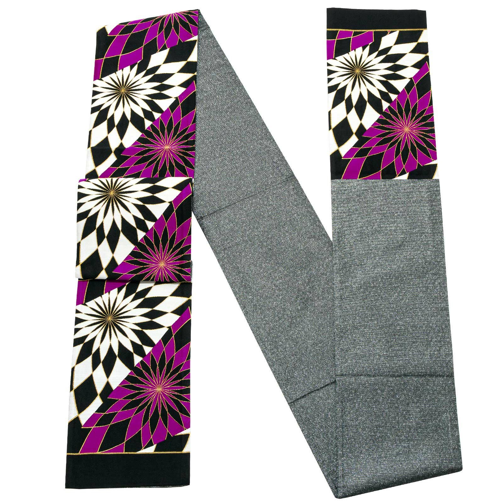 Prices down4】振袖 帯 「紫、黒 スパイラル菊」 日本製 西陣織 証紙