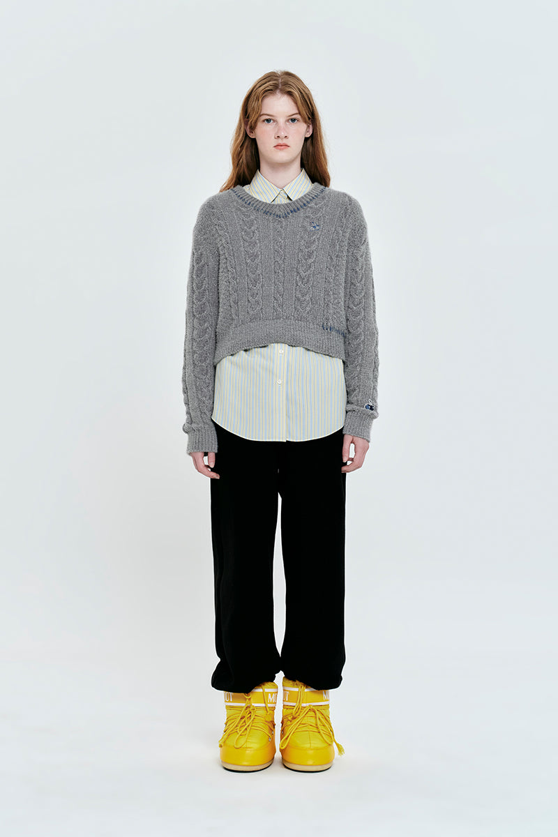 チェリーVネッククロップケーブルニット【メランジグレー】