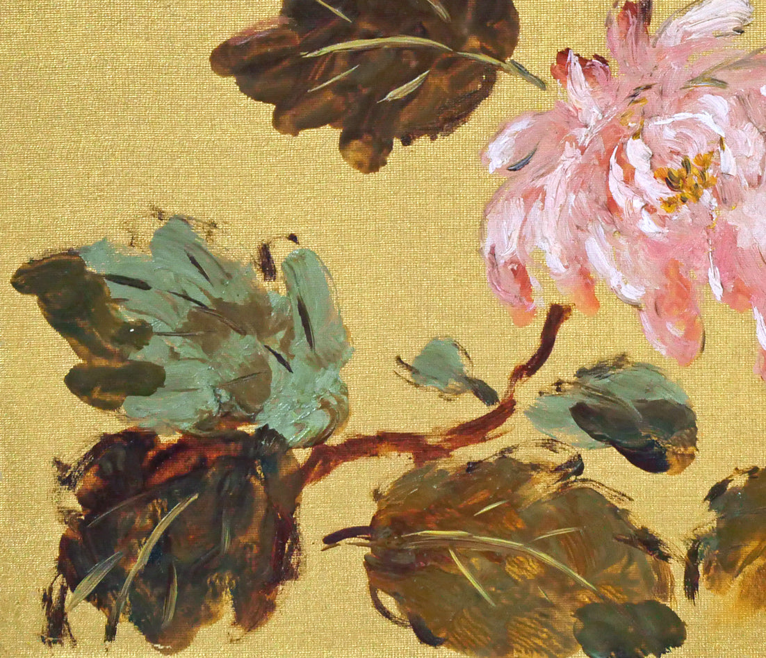 木田金次郎「牡丹（岩内大火前作品）」油絵・金色紙 絵画買取・販売の