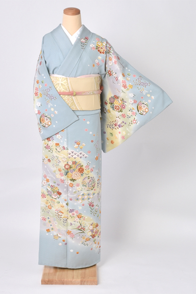 訪問着(新橋色に四季草花)｜着物レンタルあき (来店着付け無料・全国