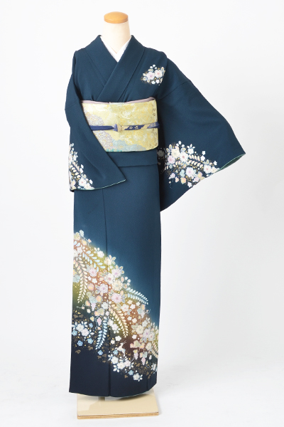 訪問着[藍色地の辻が花模様]｜着物レンタルあき (来店着付け無料・全国