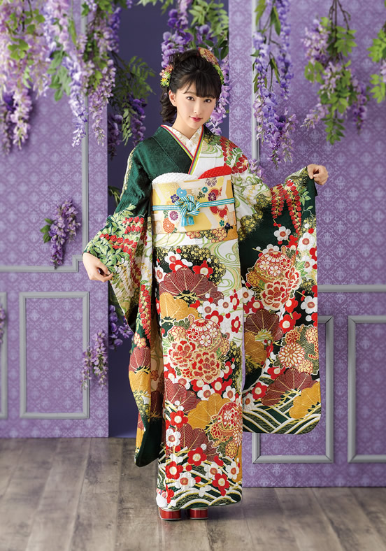 振袖（緑色・古典柄） | 成人式振袖は林写真館