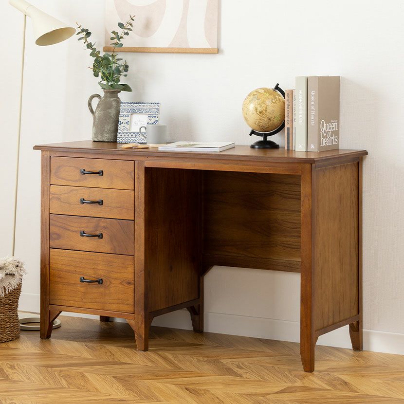 幅112cm 木製 デスク アンティーク風 天然木 ミンディ 引出し付き 収納