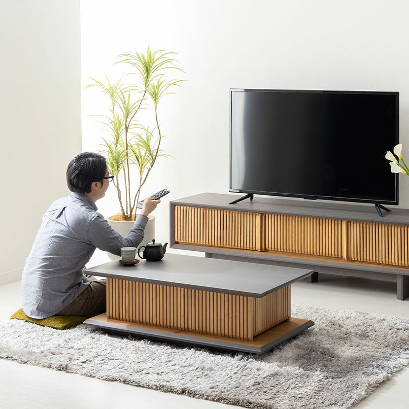 幅100cm 木製 和モダン ローテーブル 格子デザイン オーク 引き出し