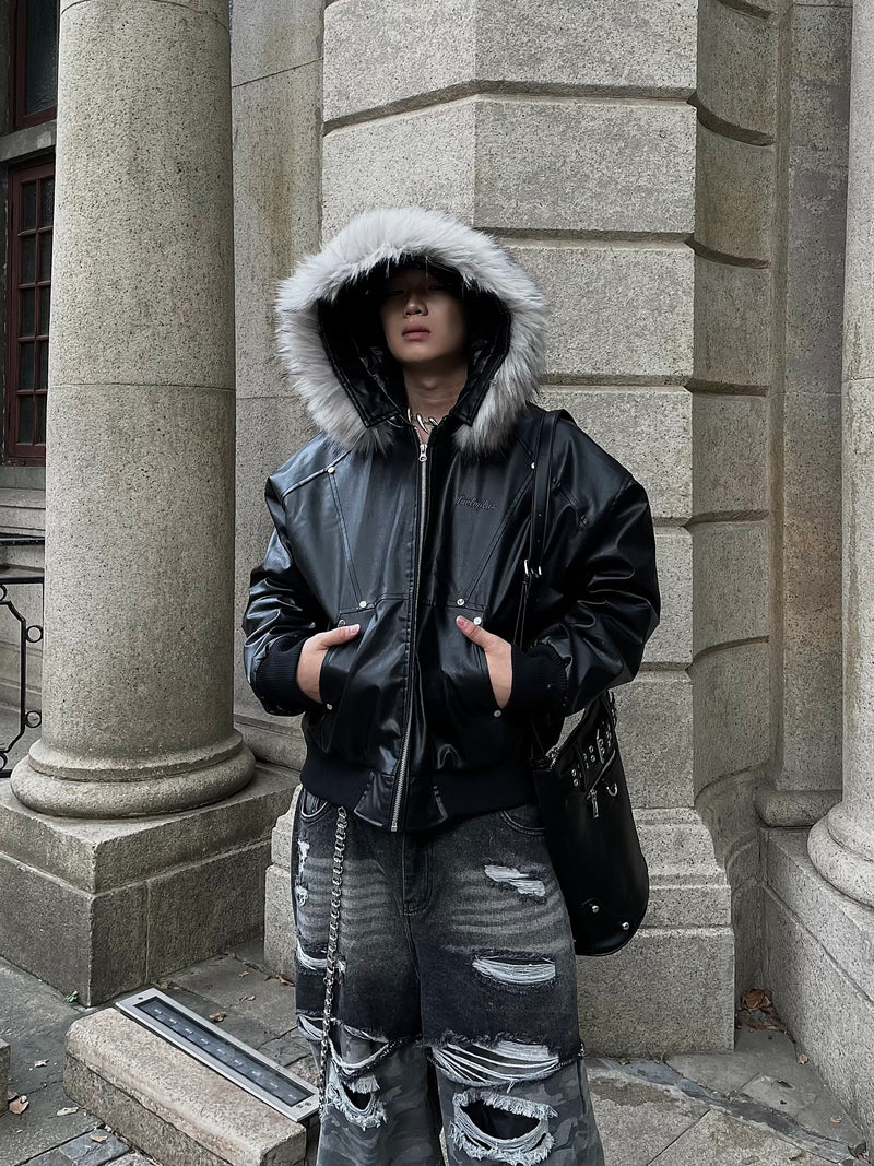 ラージファーカラー フード付き PUレザージャケット – KXCK（キックス
