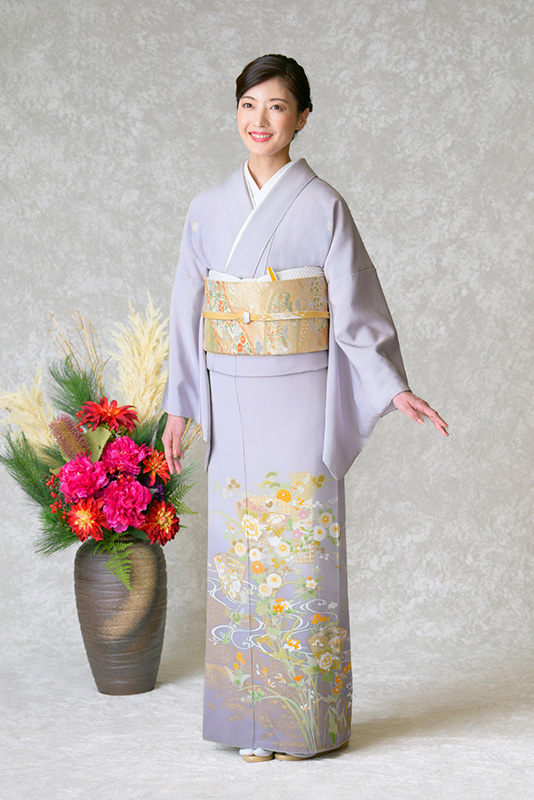 色留袖レンタル フルセット ラベンダーグレー 地紙 短冊 牡丹菊