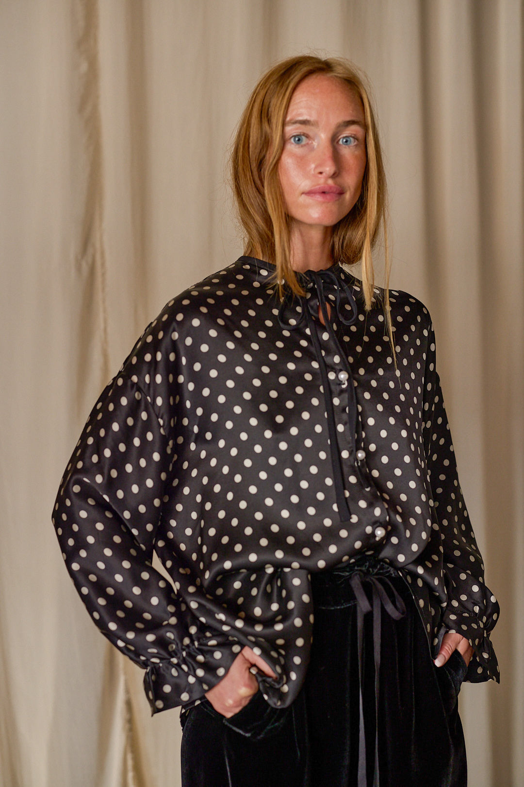 Ribbon Shirt | Black Polkadot Silk Charmeuse – Lan Jaenicke