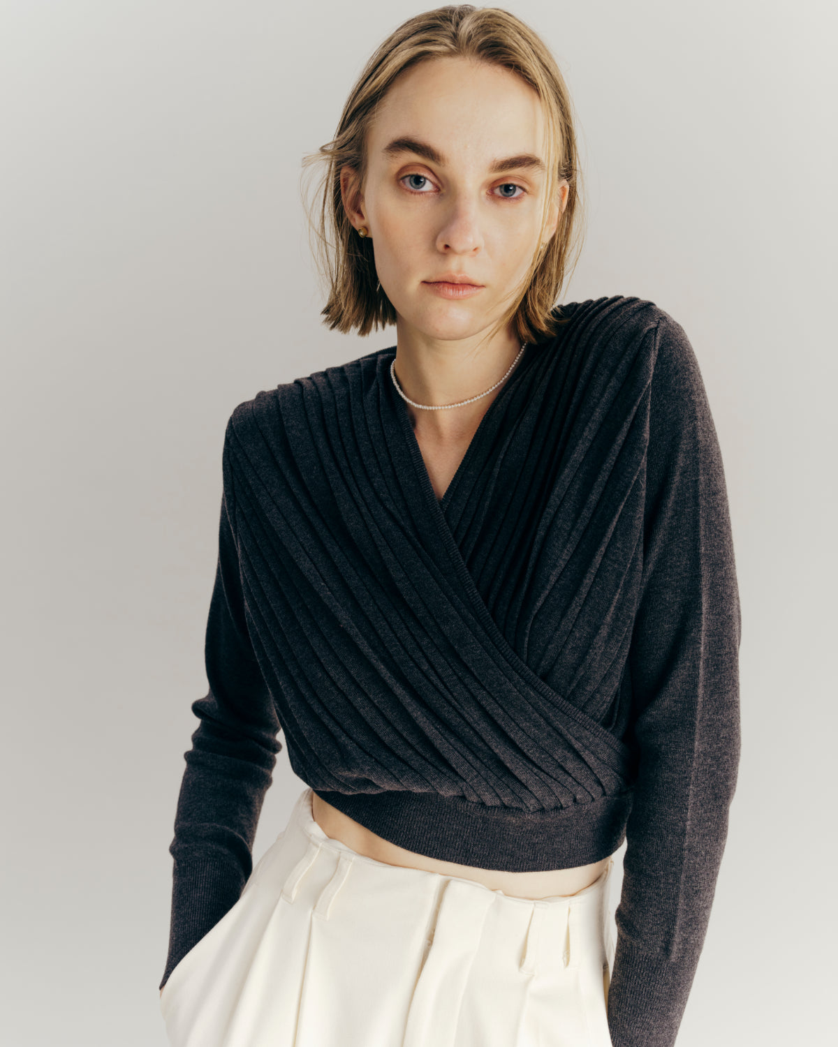 Pleats Cache-coeur Knit Tops – L'AUBE BLANC