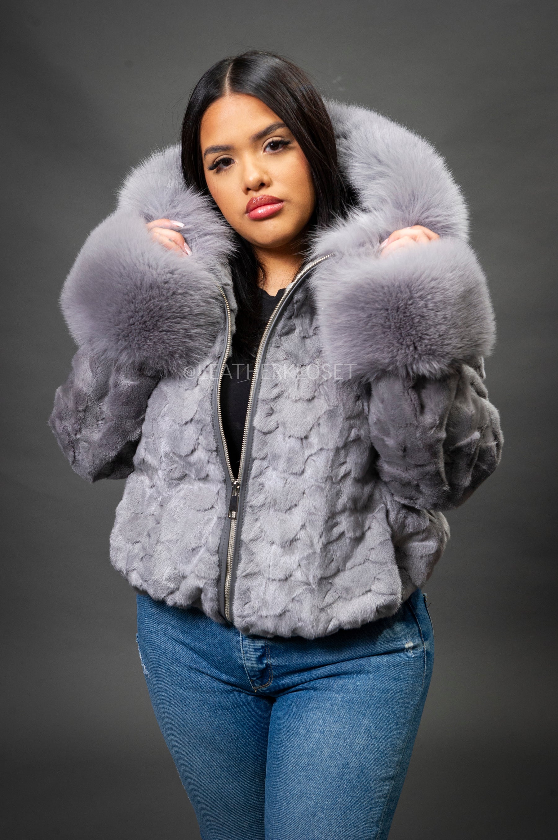 Women's Aria Mink Bomber With Hood [Grey] – LeatherKloset