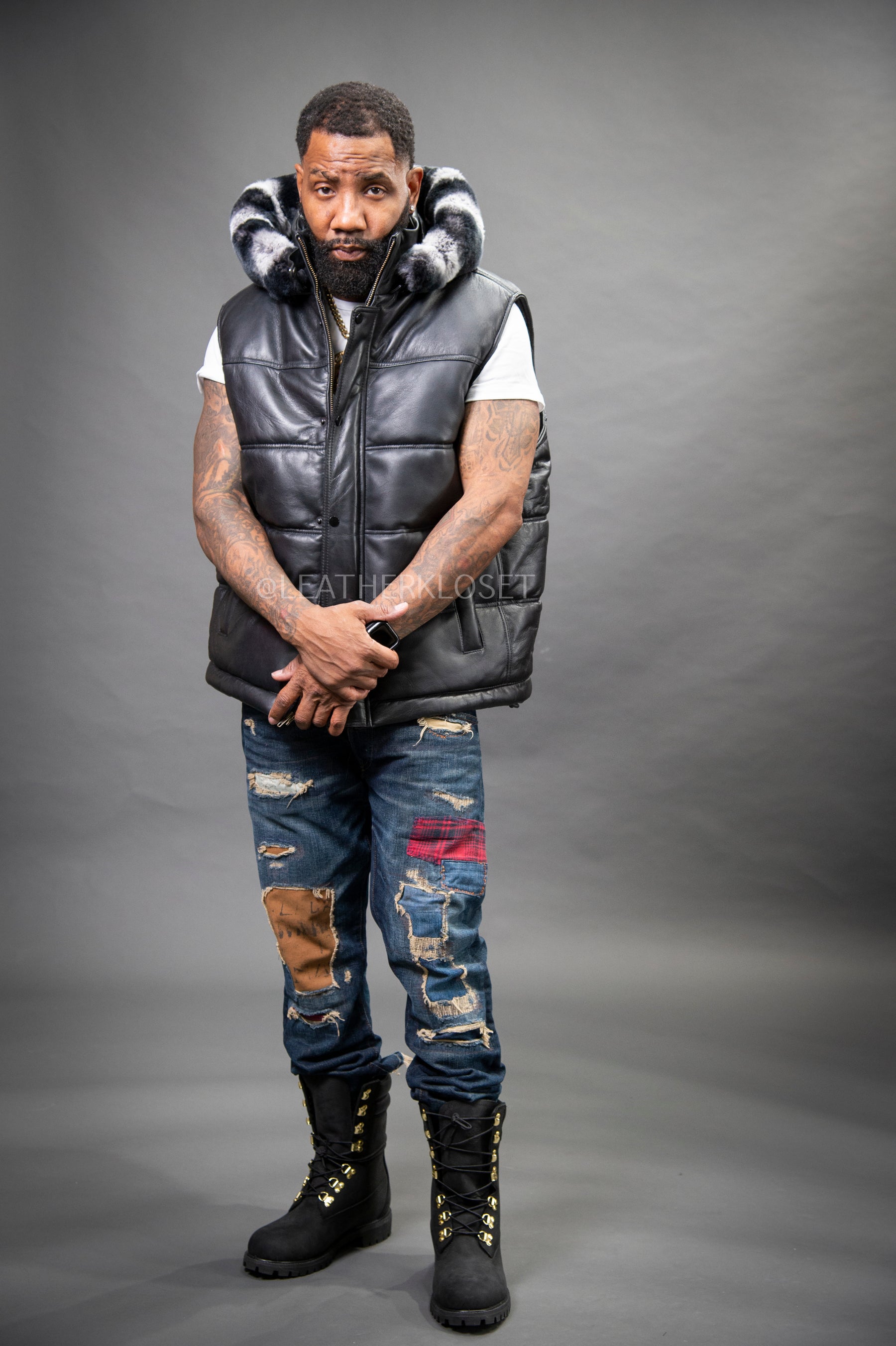 Men's Leather Bubble Vest With Premium Rex Fur Hood – LeatherKloset