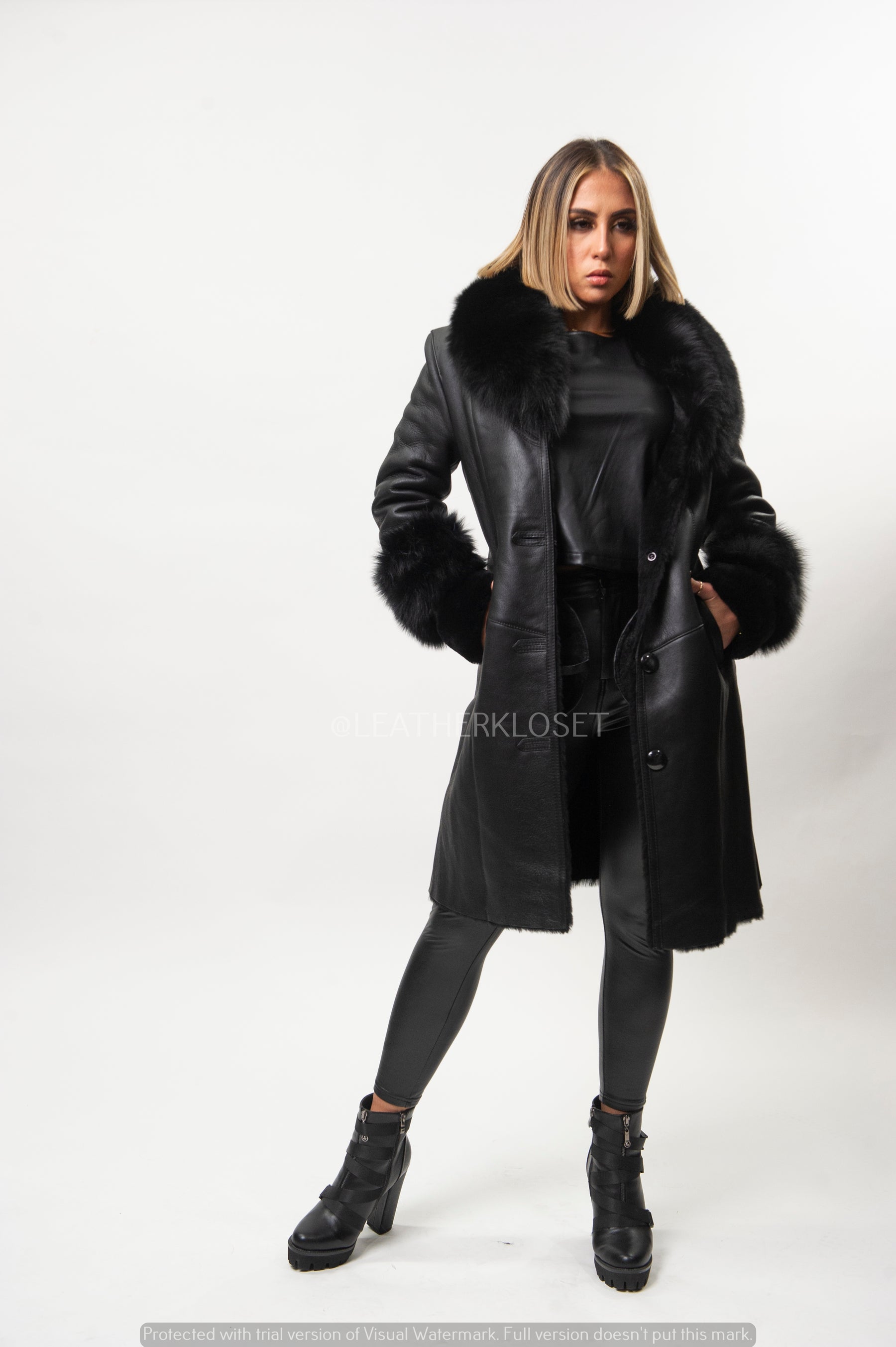 Women's Trisha Real Sheepskin 3/4 Coat With Fox [Black