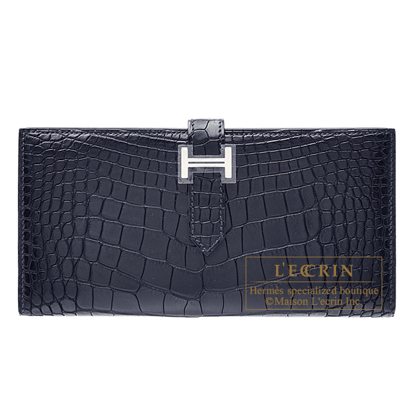 Hermes Bearn Soufflet Blue indigo Matt alligator crocodile skin