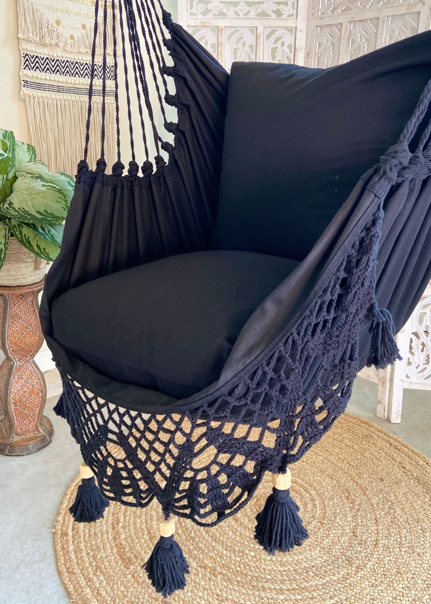 Black Macrame Crochet Hammock Chair Swing | Luxury Black Hanging