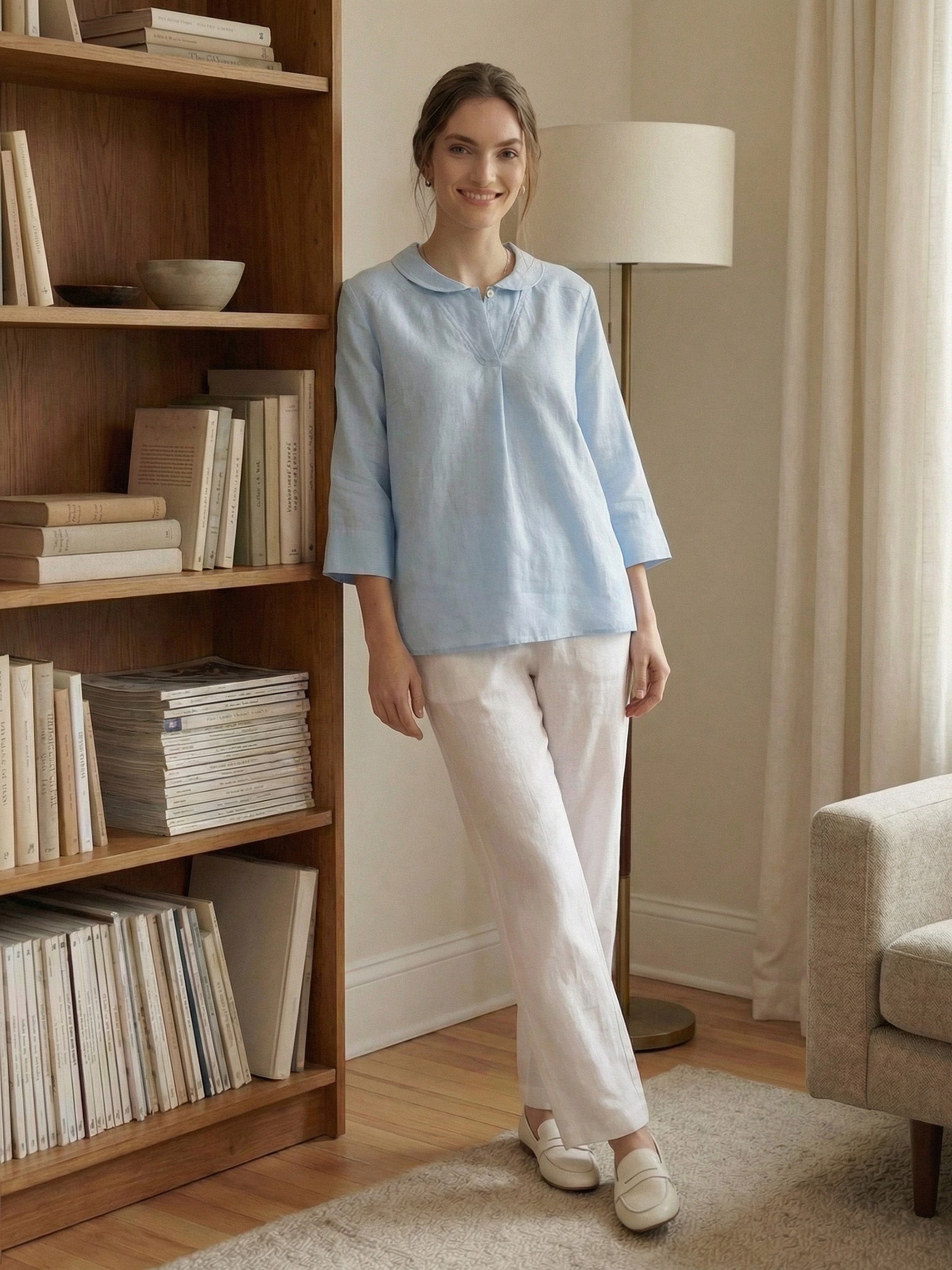 100% Linen Shawl V-Neck Half Sleeve Top JADE – LINTICO