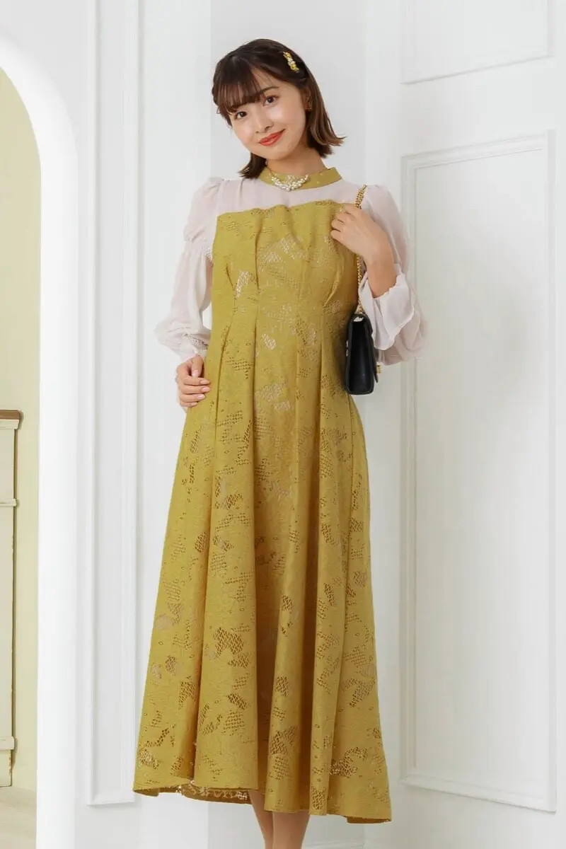 マスタードのアシンメトリータックドレス | ANDRESD | M | 結婚式