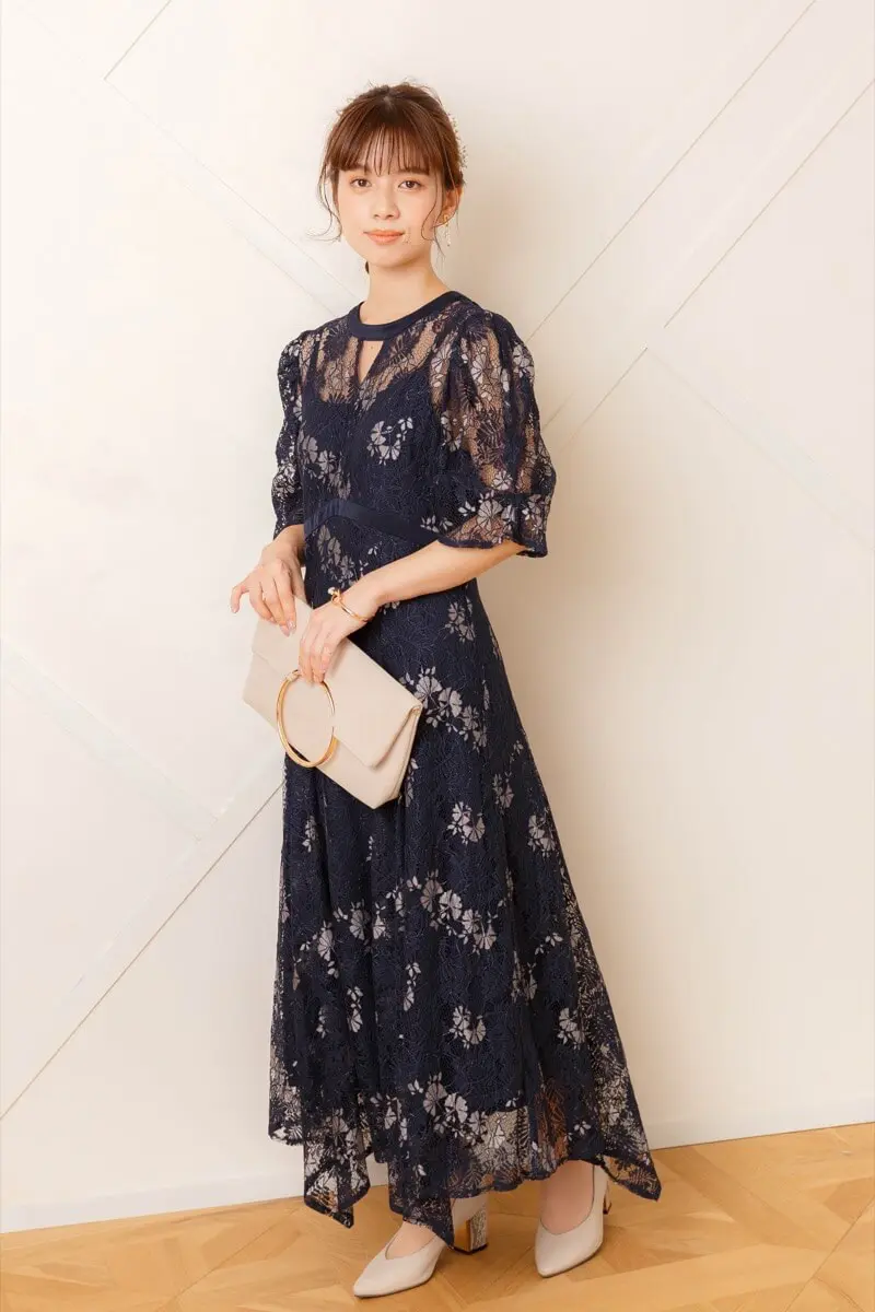 ネイビーのリーフ柄レースドレス | Dorry doll | M | 結婚式パーティー
