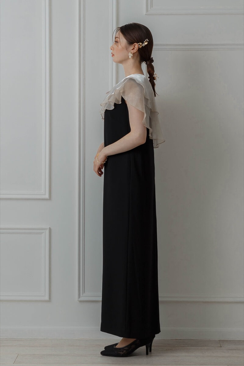 ベージュブラックのグロッシーラッフル付きドレス | ANDRESD | M