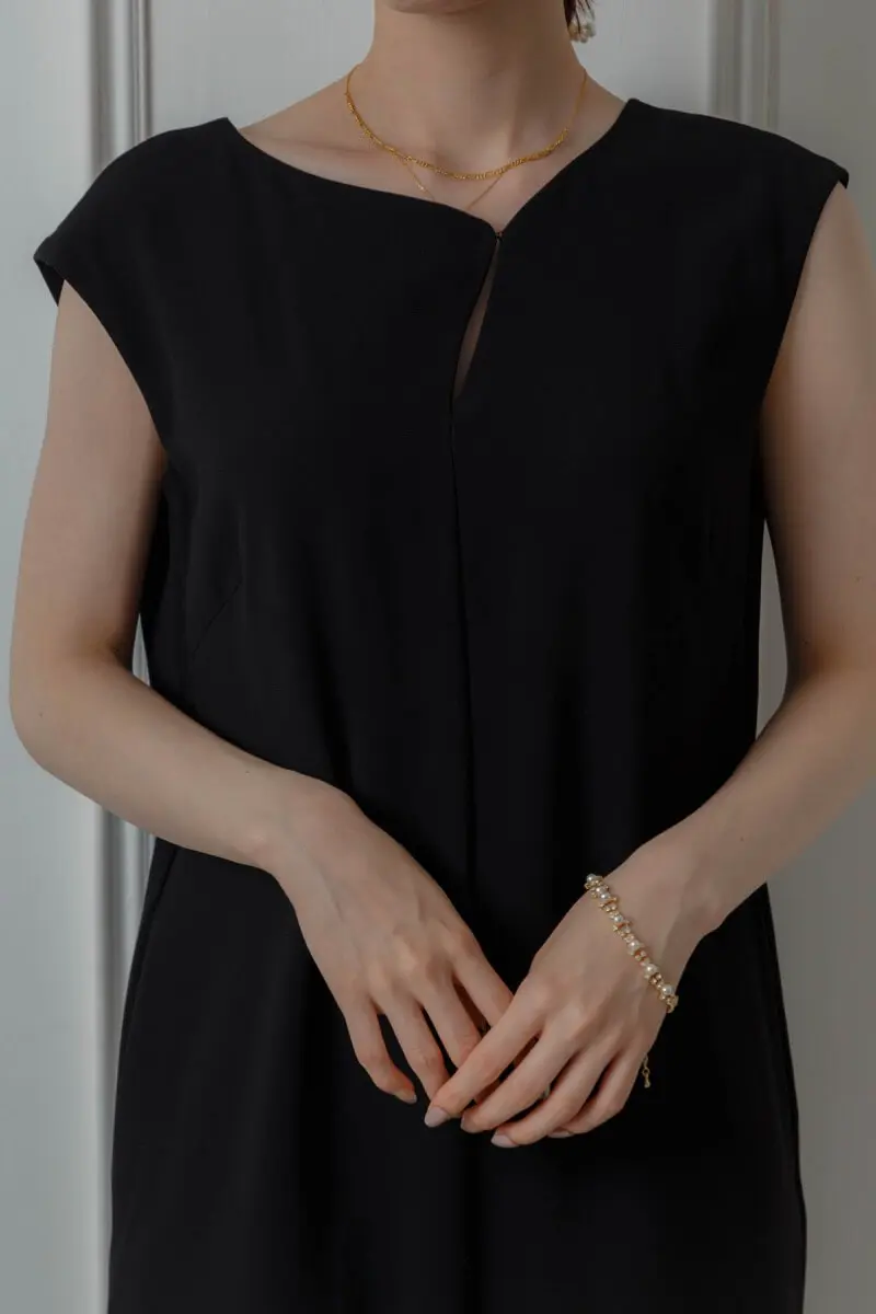 ベージュブラックのグロッシーラッフル付きドレス | ANDRESD | M