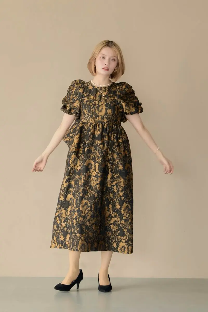 ブロンズのバブルスリーブジャガードドレス | ANDRESD | M～マタニティ