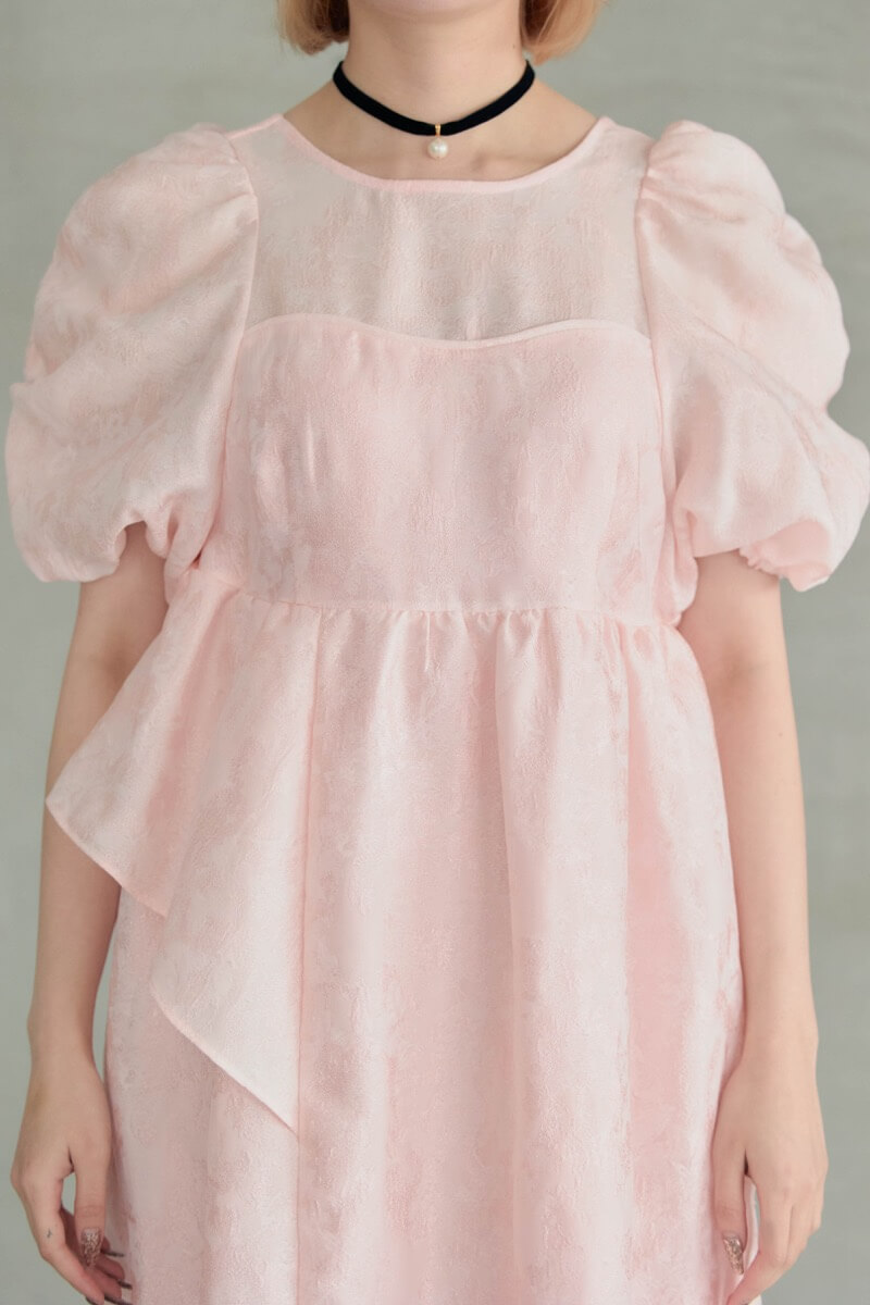 ピンクのバブルスリーブジャガードドレス | ANDRESD | M～マタニティ