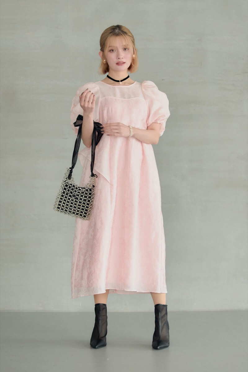 ピンクのバブルスリーブジャガードドレス | ANDRESD | M～マタニティ