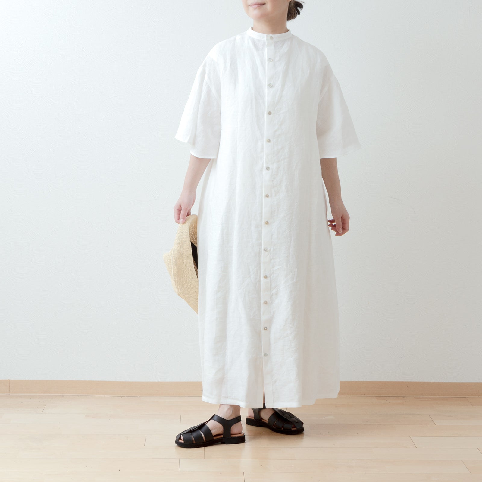 フレアハーフスリーブAラインリネンワンピース/オフホワイト – liplne