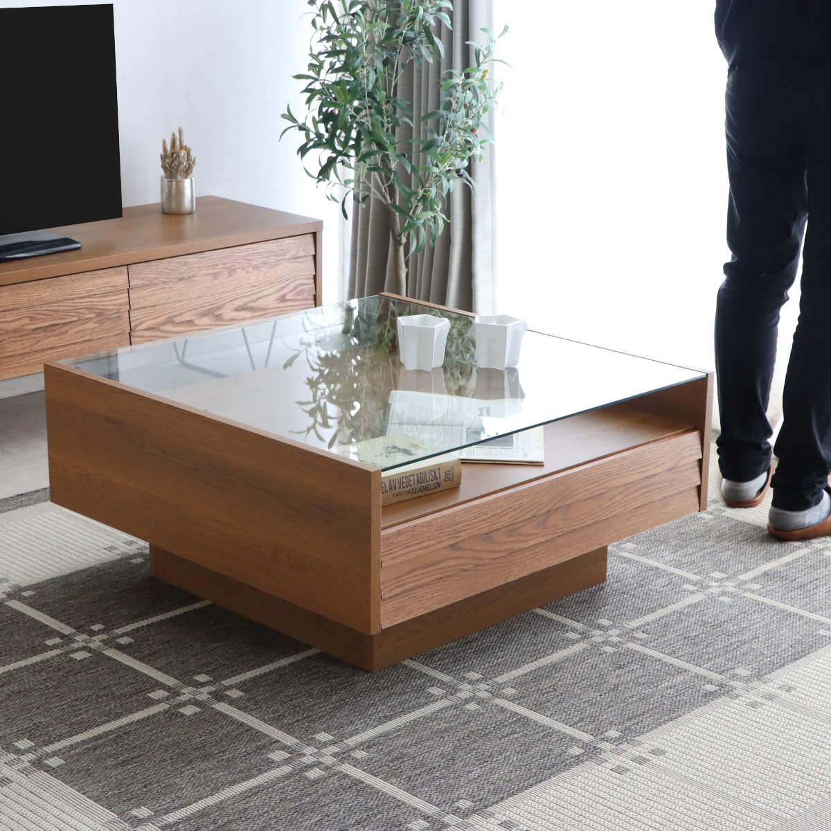 dショッピング |センターテーブル ガラス天板 レッドオーク 無垢前板