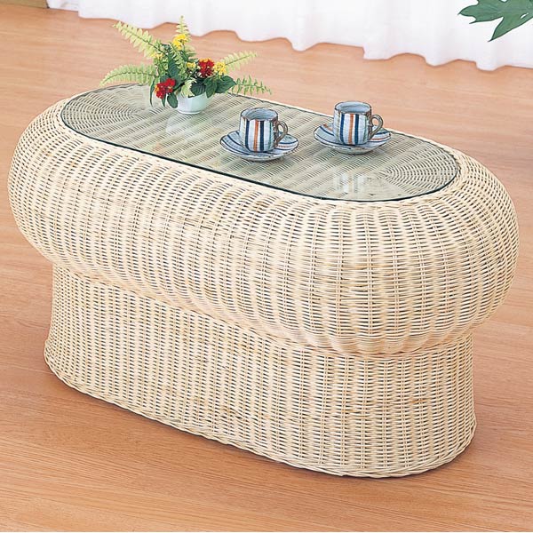 ラタンテーブル 楕円形 ガラス天板 ローテーブル 籐家具 幅80cm