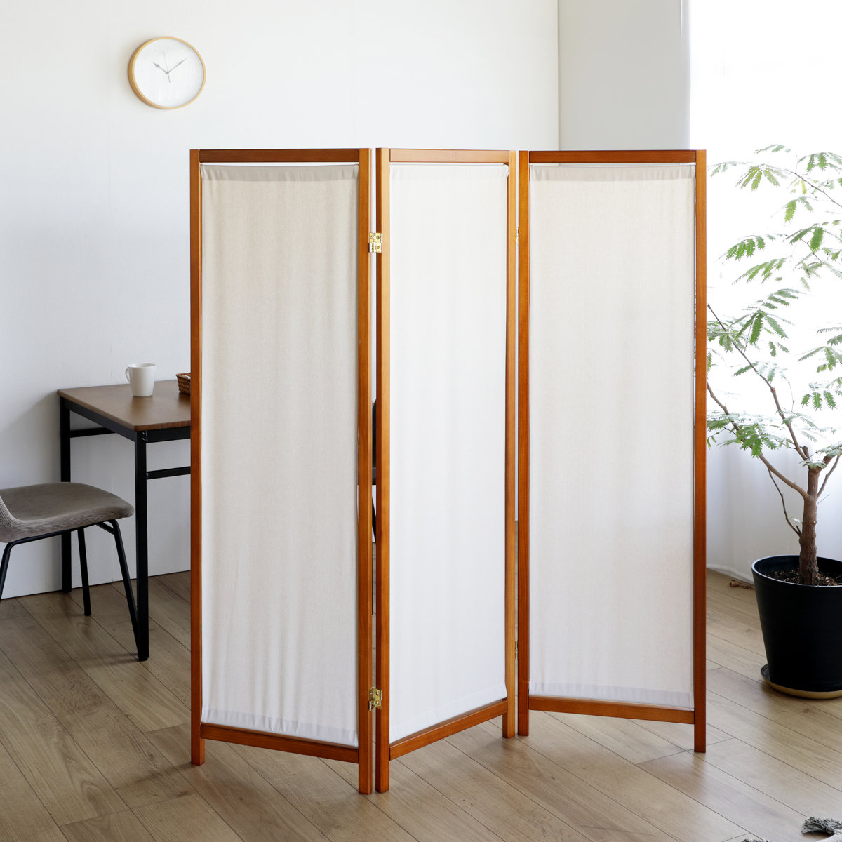 衝立 3連 高さ150cm 帆布 和風 天然木 完成品 （ パーテーション