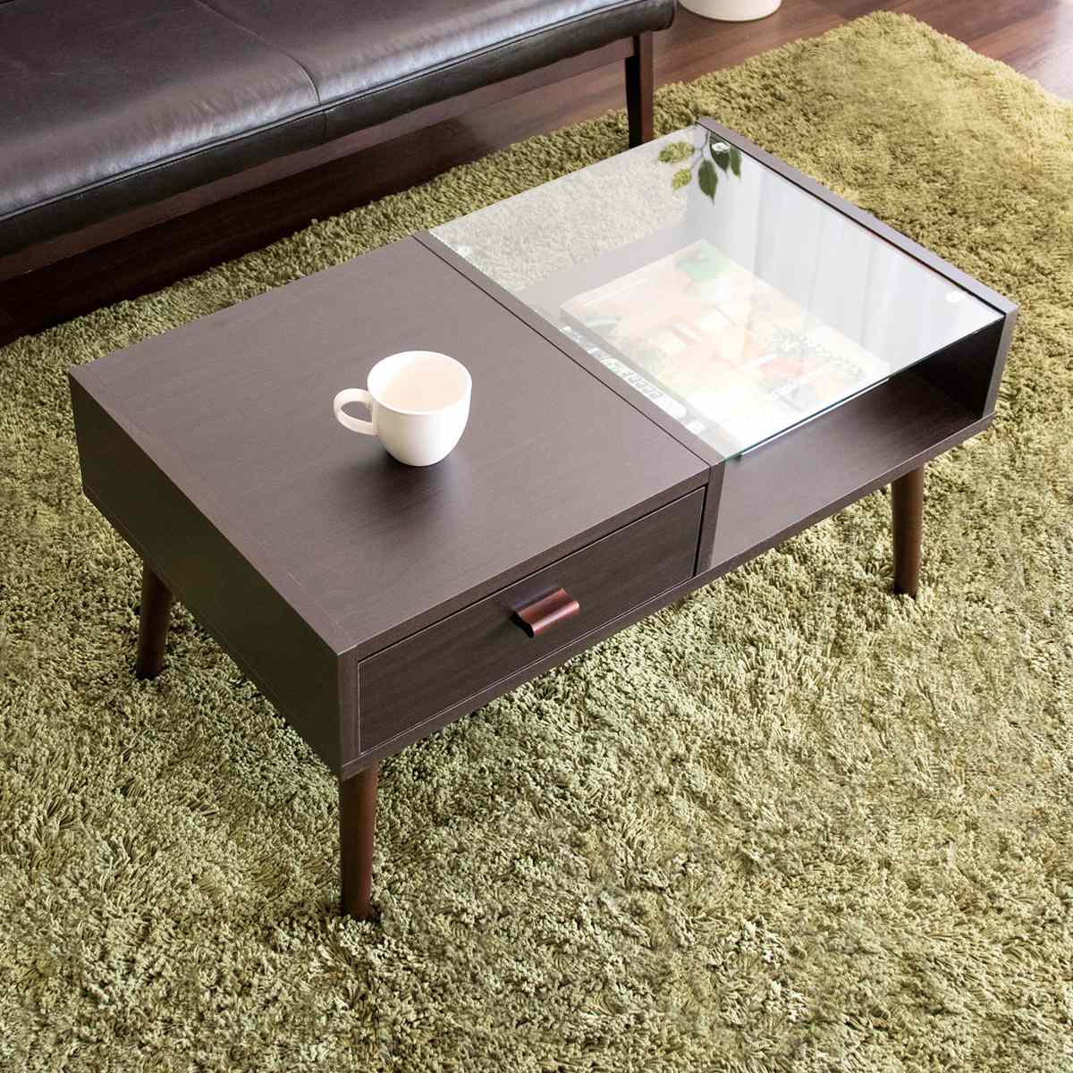 センターテーブル 幅80cm ガラス天板 収納 引き出し 木製 （ テーブル