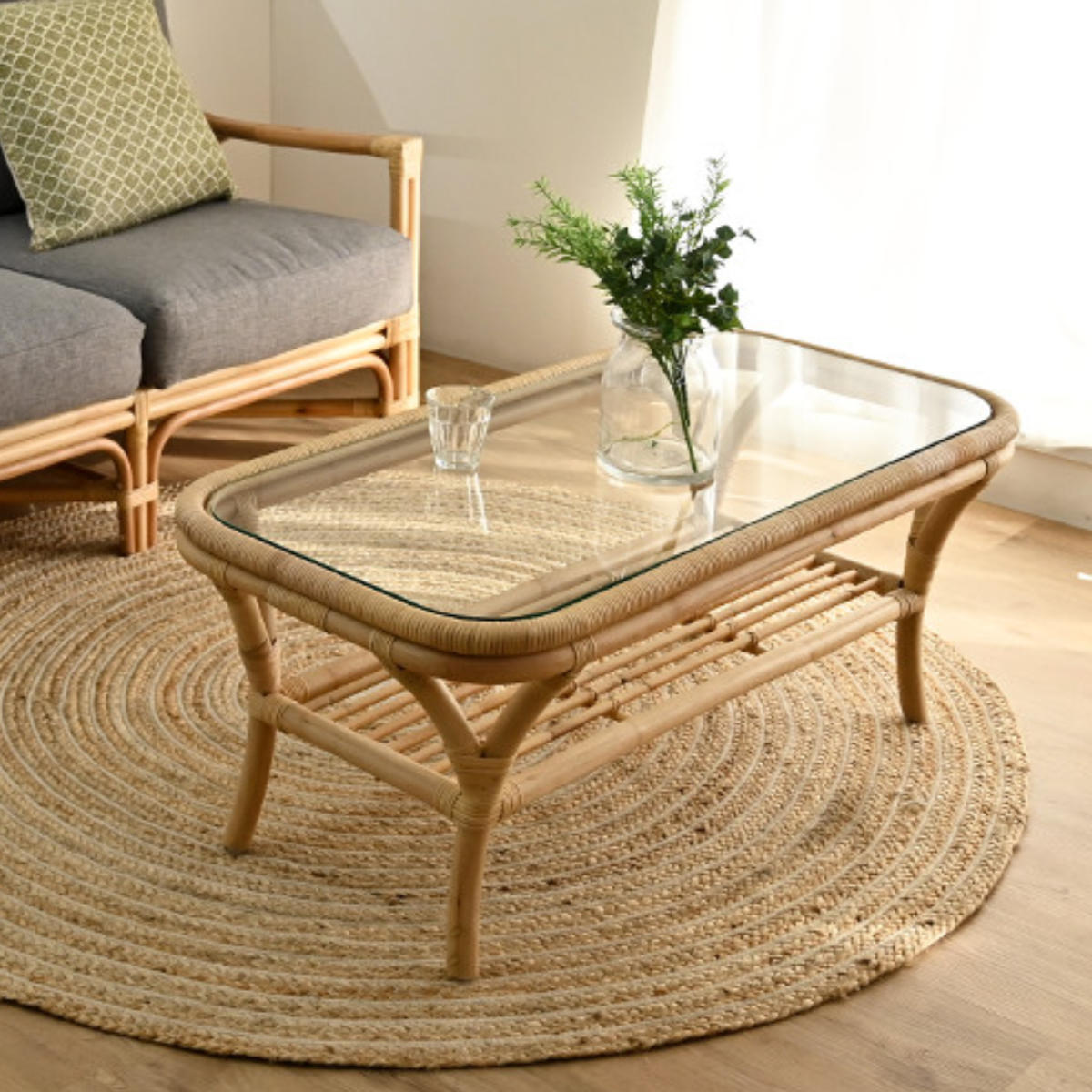 センターテーブル ラタン 幅100cm ガラス天板 完成品 Breeze （ ラタン