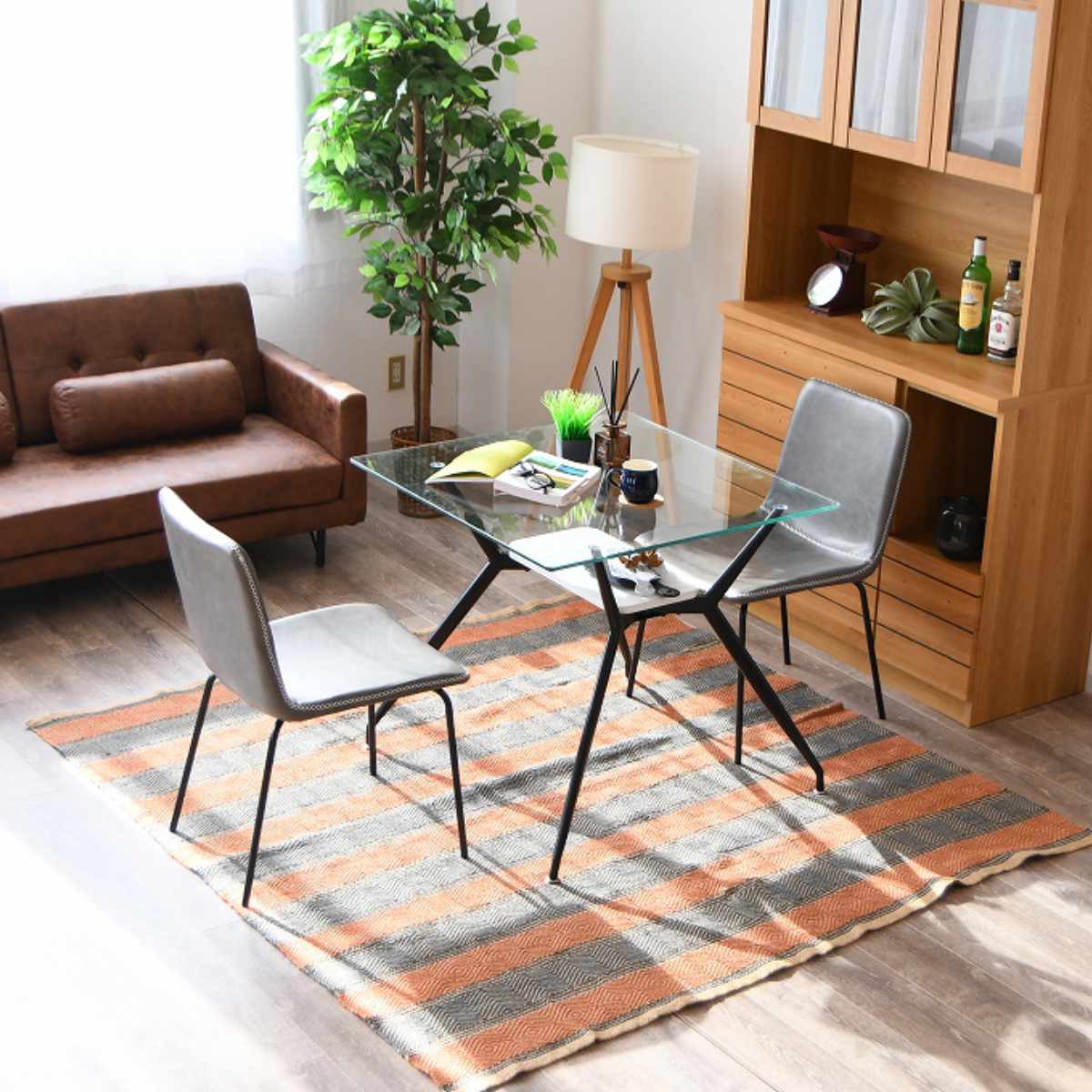 ダイニングテーブル 2人掛け ガラス 収納スペース付き 幅80cm