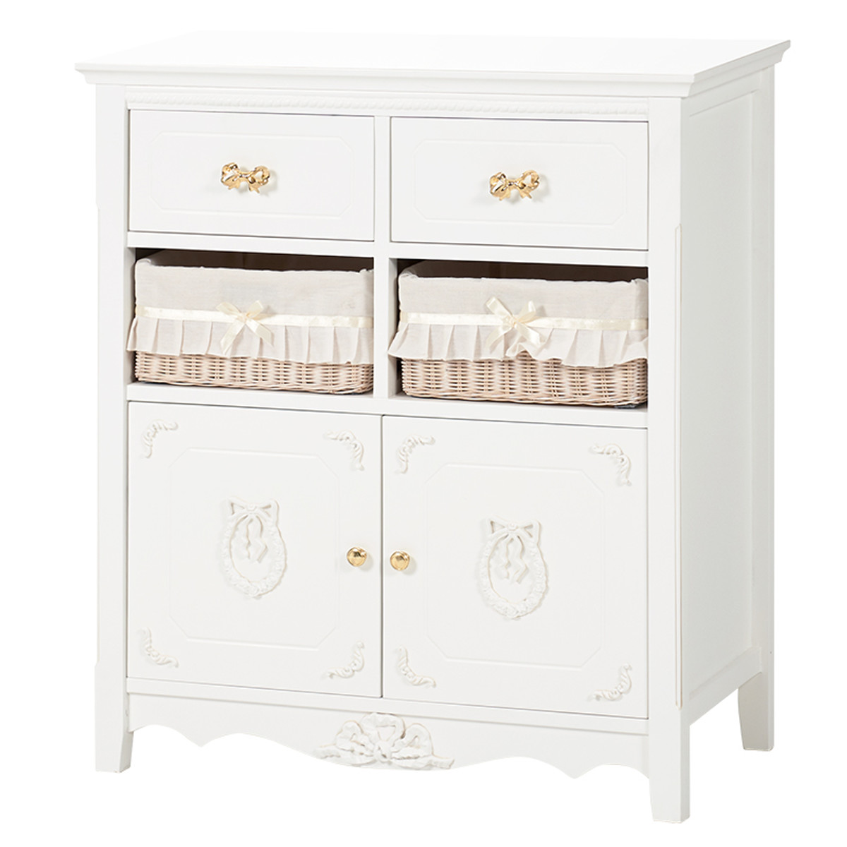 dショッピング |キャビネット バスケット付 姫系 白家具 リボン引手 幅