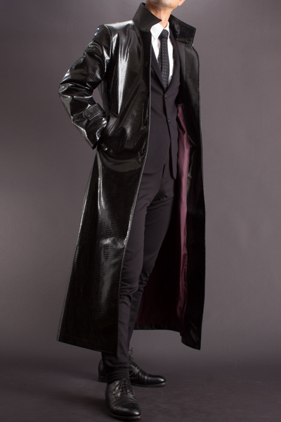 マトリックス風コート販売、着丈135cm クロコフェイクレザー