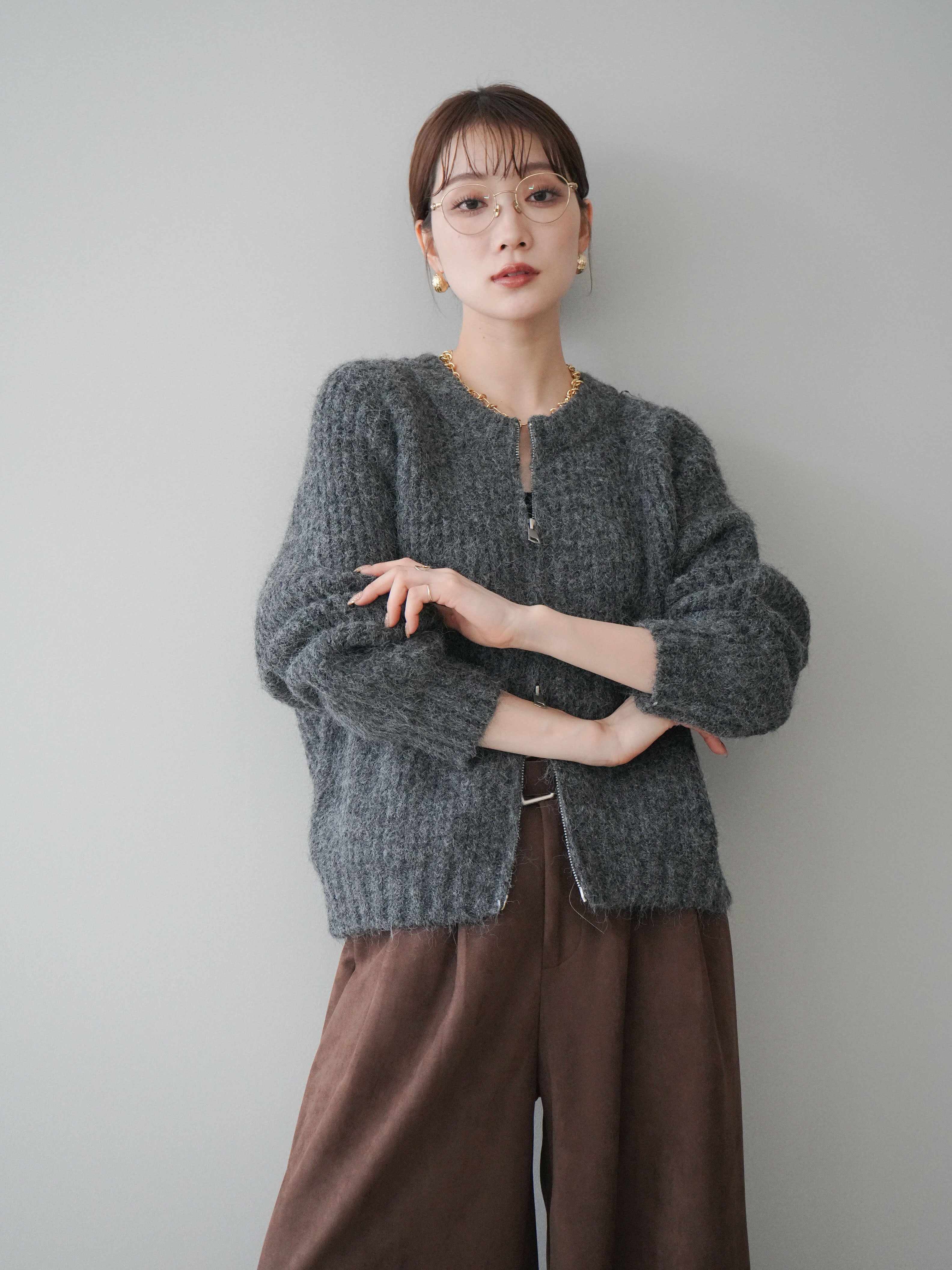 予約]MIXヤーンモヘアタッチZIPニットカーディガン/gray – Lumier