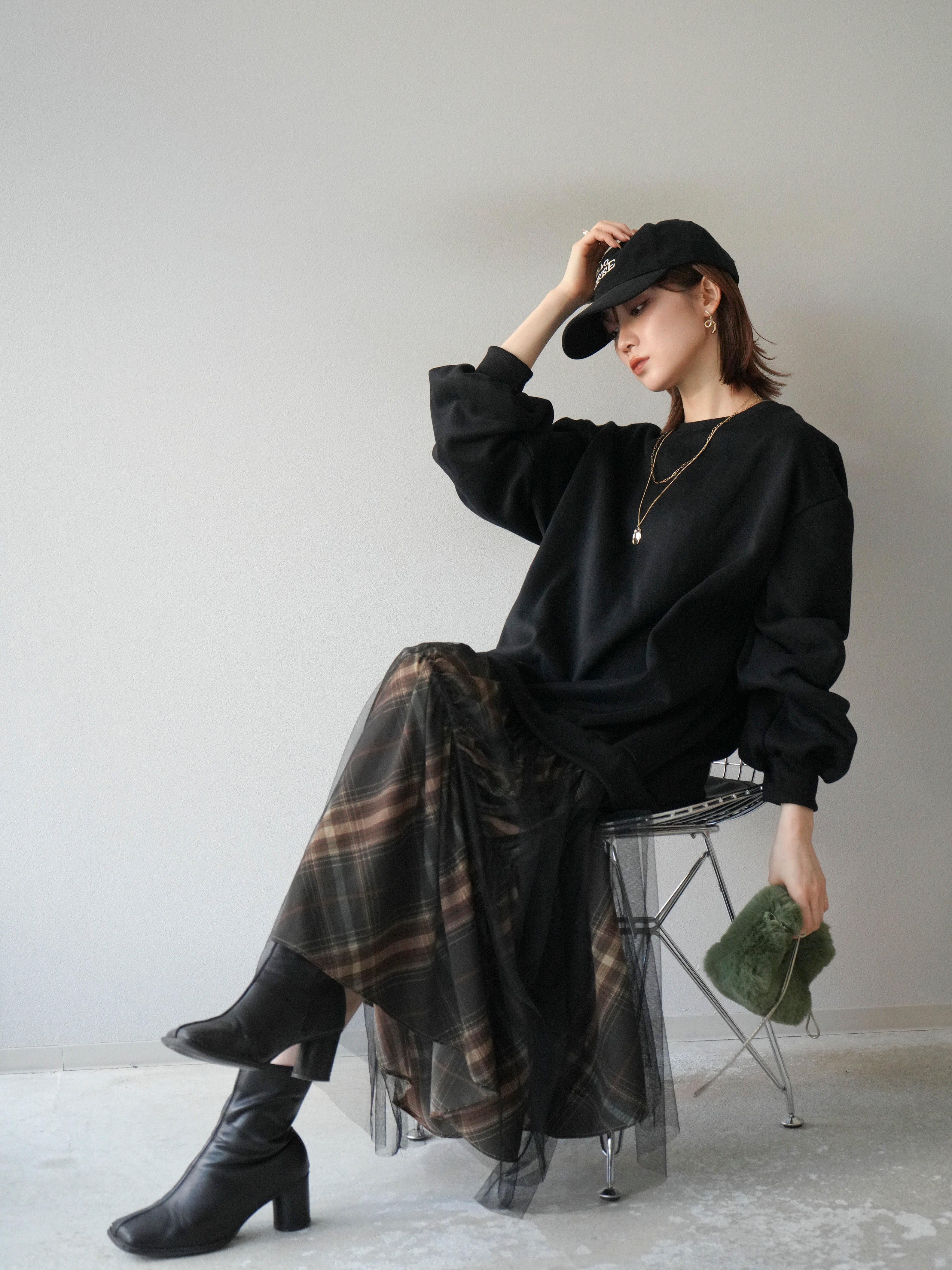 予約]スウェットドッキングチェック柄レイヤードワンピース/ブラック