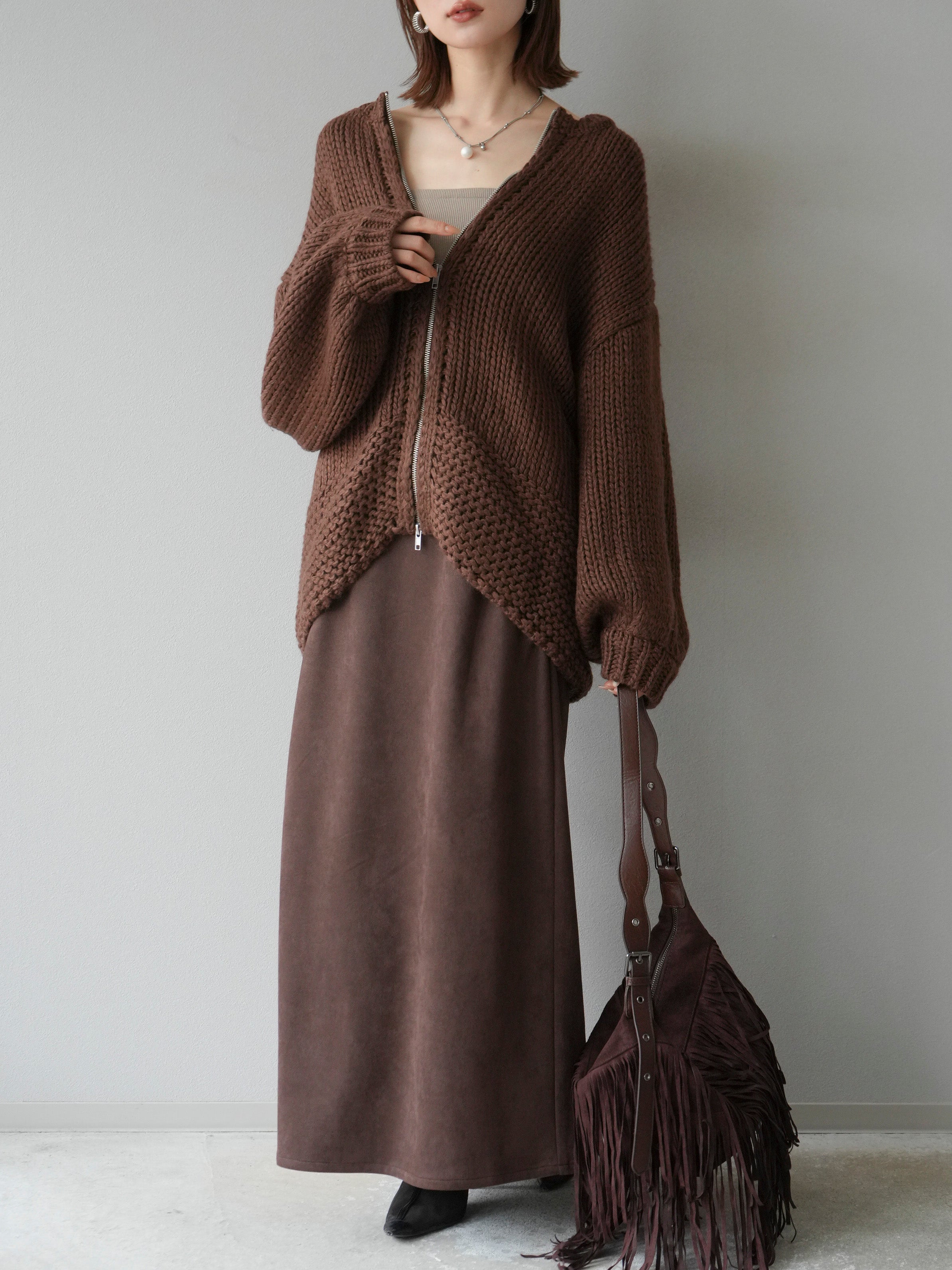 予約]ロービングケーブルオーバーZIPニットカーディガン/ブラウン – Lumier