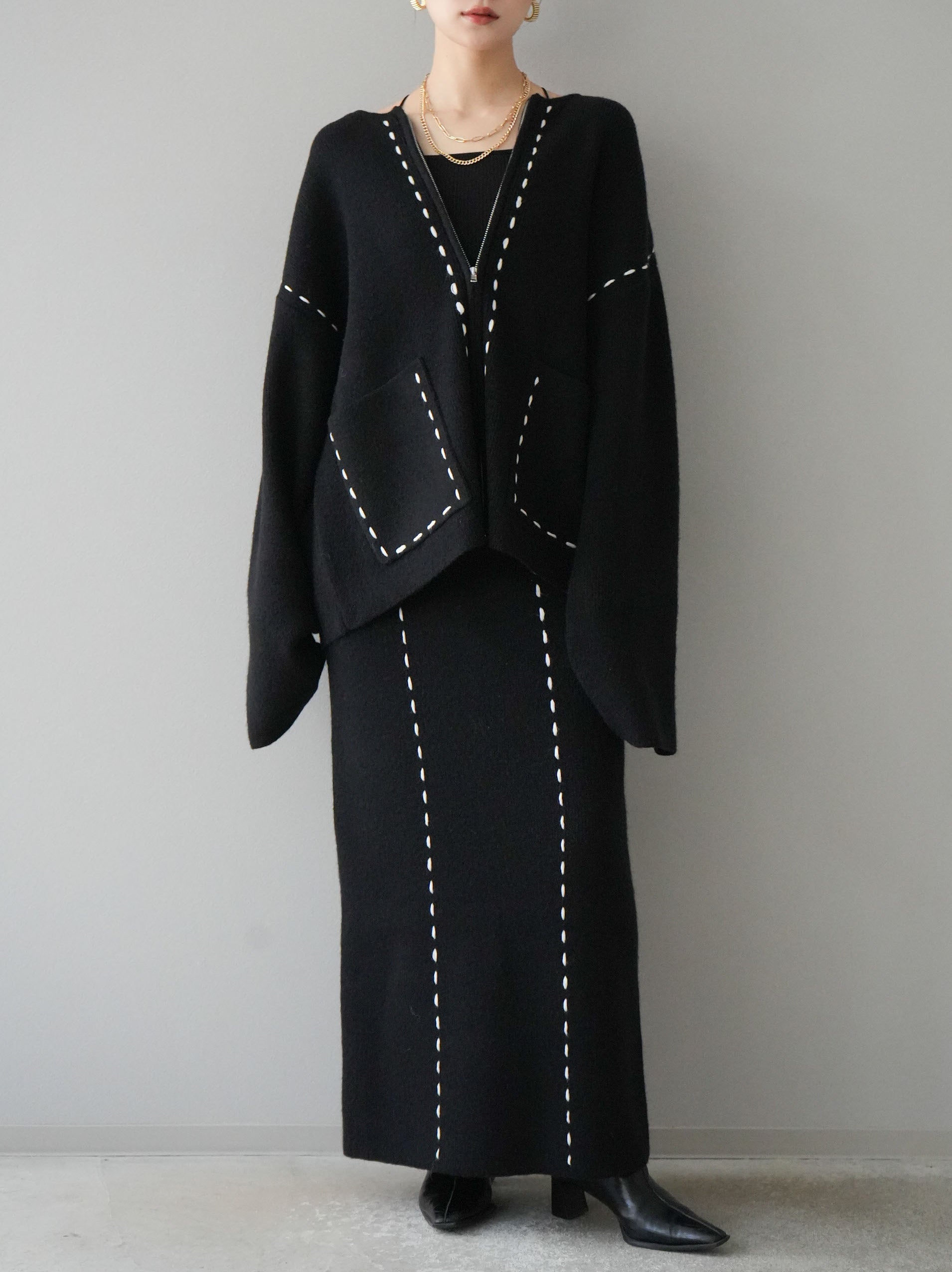 SET]ステッチデザインジップニットカーディガン+ダブルストラップ