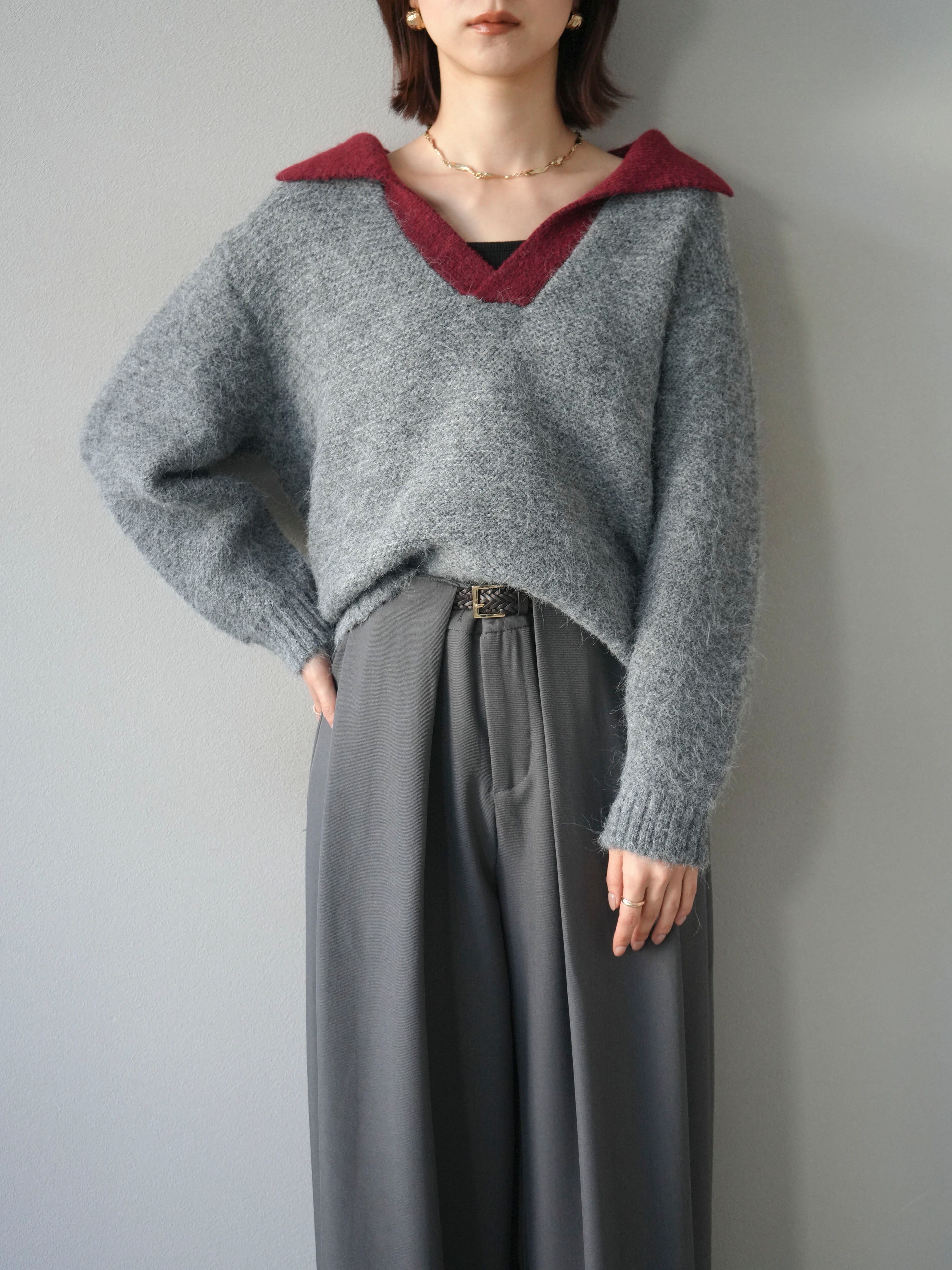 SET]バイカラー襟付きニットプルオーバー+ベルトループデザインワイド